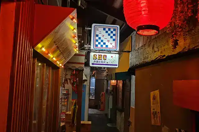 Illuminated signs and a red lantern in an Enigma City alley