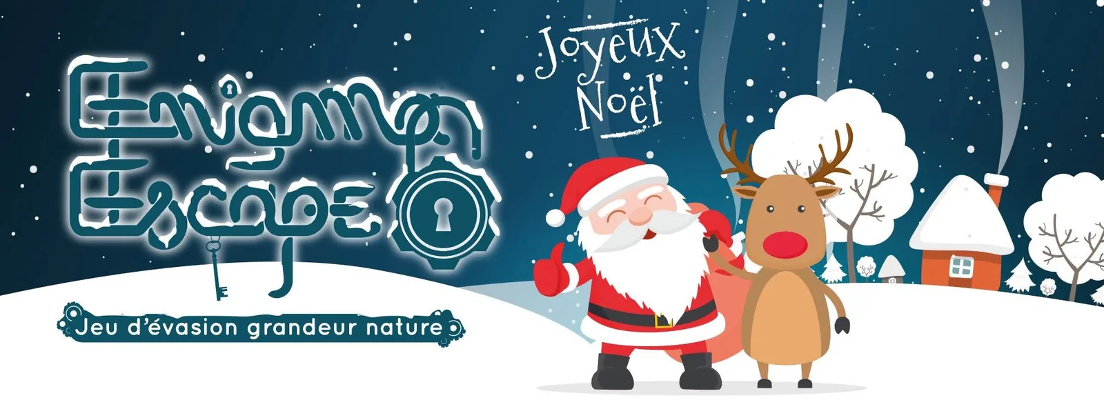 Merry Christmas from Enigma Escape: Father Christmas and his reindeer in the snow