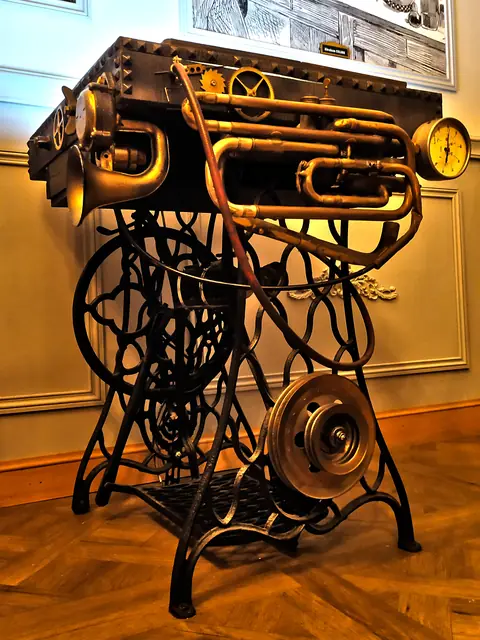 Étrange machine sur un bâti de machine à coudre, dans le manoir d'Alexander Black