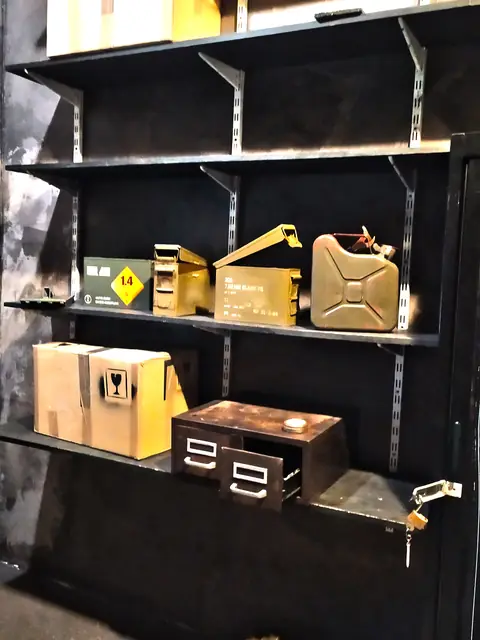 Shelves of supplies, jerrycans and survivors’ crates