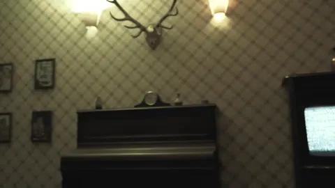 Living room in Professor Peletier’s house, with a piano and a crackling television